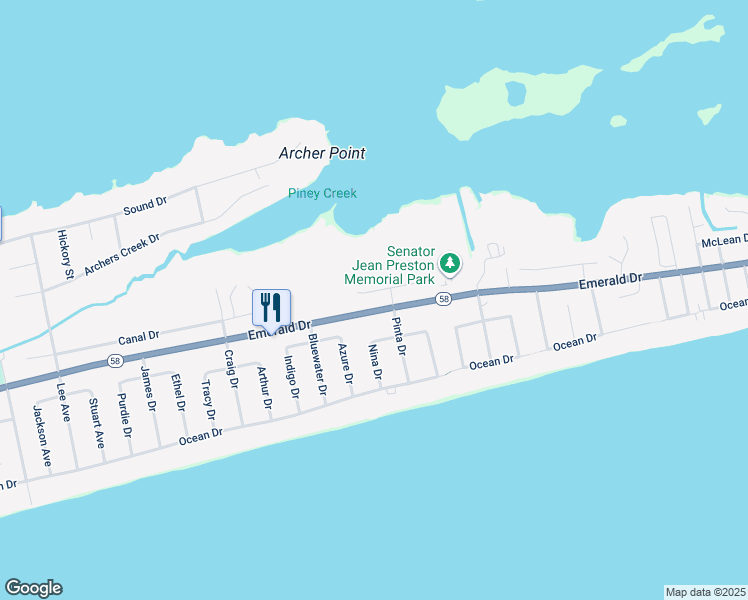 map of restaurants, bars, coffee shops, grocery stores, and more near 6905 Canal Drive in Emerald Isle