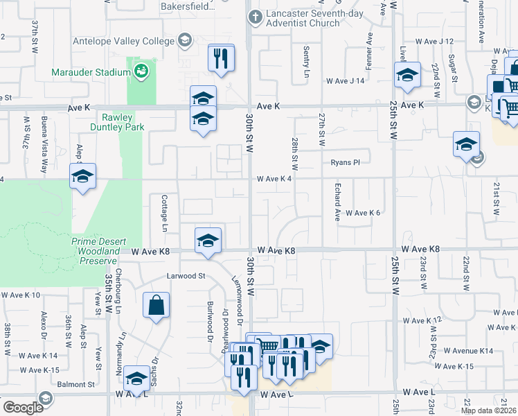 map of restaurants, bars, coffee shops, grocery stores, and more near 43310 30th Street West in Lancaster