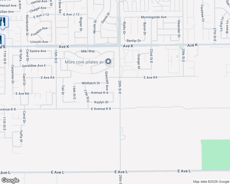 map of restaurants, bars, coffee shops, grocery stores, and more near 43304 Palm Lane in Lancaster