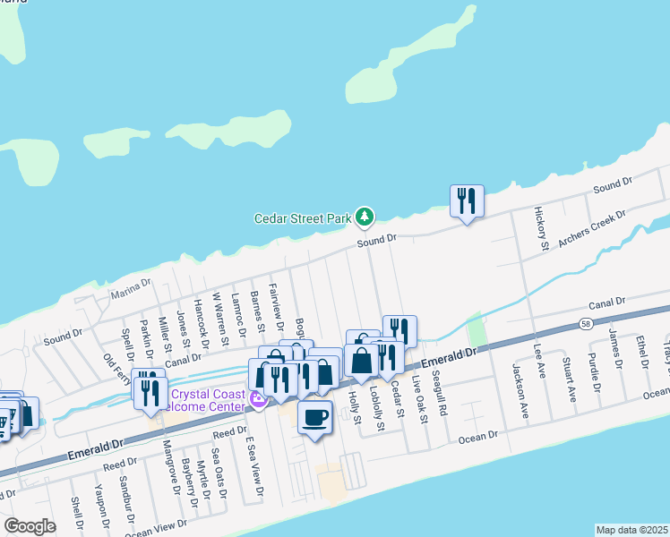 map of restaurants, bars, coffee shops, grocery stores, and more near 428 Holly Street in Emerald Isle