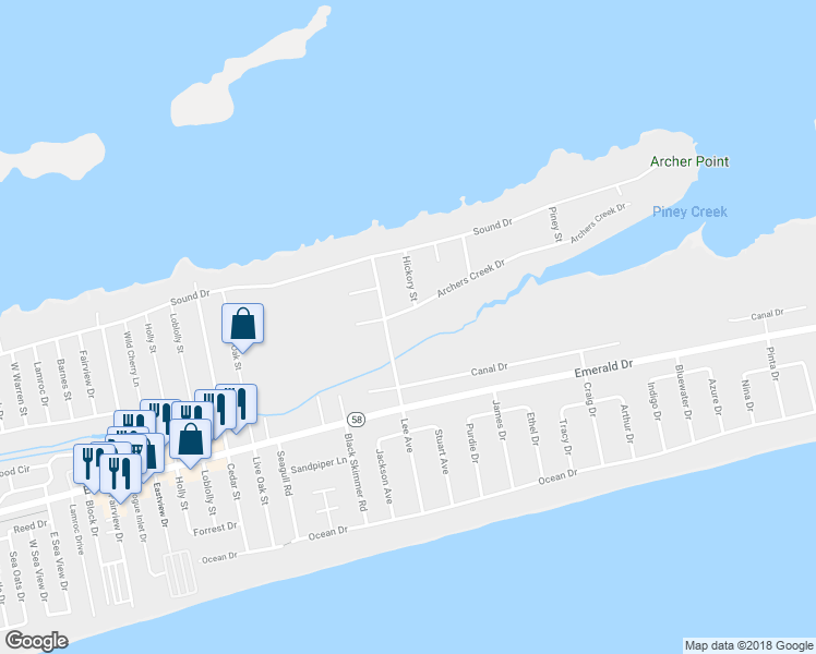 map of restaurants, bars, coffee shops, grocery stores, and more near 7325 Archers Creek Drive in Emerald Isle