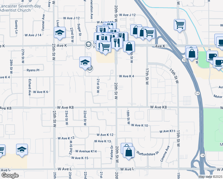 map of restaurants, bars, coffee shops, grocery stores, and more near 43303 20th Street West in Lancaster