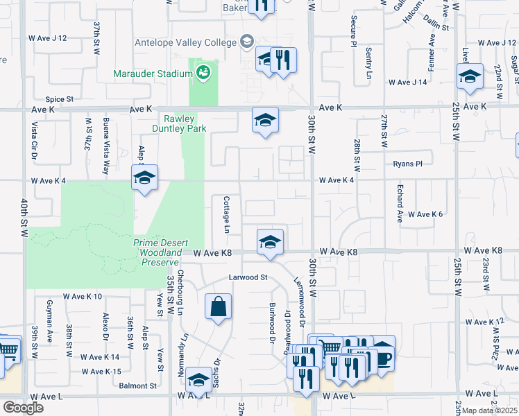 map of restaurants, bars, coffee shops, grocery stores, and more near 3111 Brentwood Avenue in Lancaster