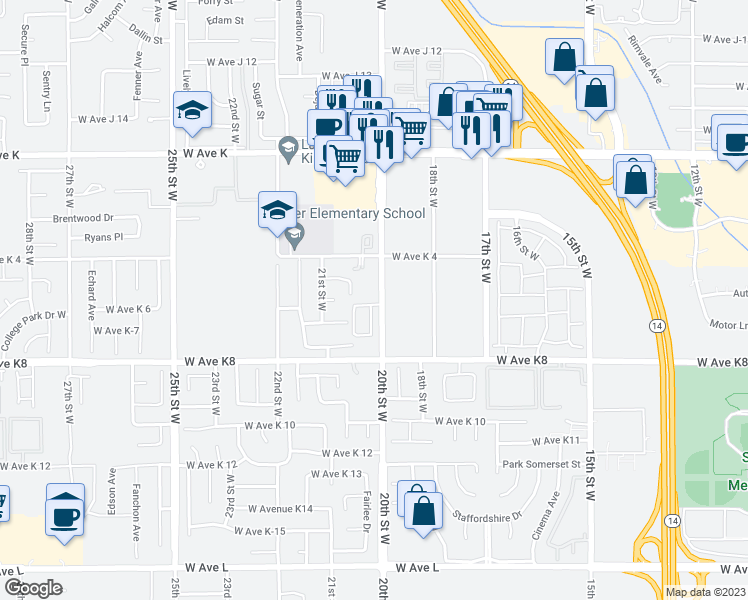 map of restaurants, bars, coffee shops, grocery stores, and more near 43301 20th Street West in Lancaster
