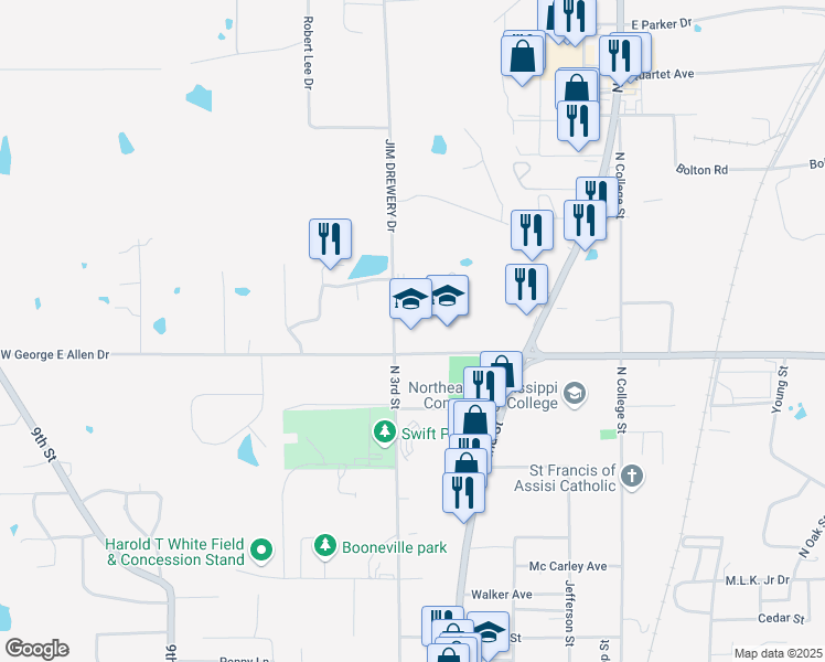 map of restaurants, bars, coffee shops, grocery stores, and more near 302 West George E Allen Drive in Booneville