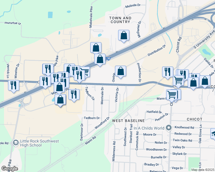 map of restaurants, bars, coffee shops, grocery stores, and more near 8419 Baseline Road in Little Rock