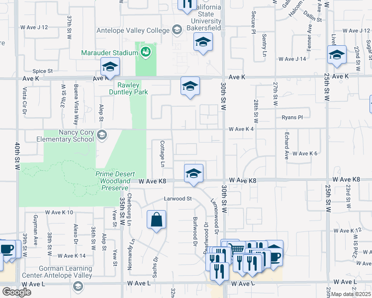 map of restaurants, bars, coffee shops, grocery stores, and more near 43334 32nd Street West in Lancaster