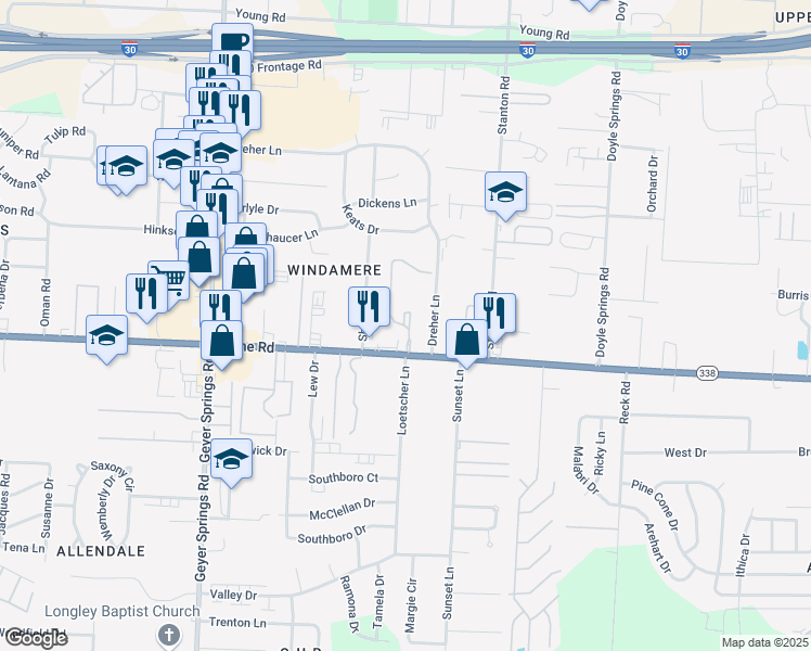 map of restaurants, bars, coffee shops, grocery stores, and more near Loetcher Lane in Little Rock
