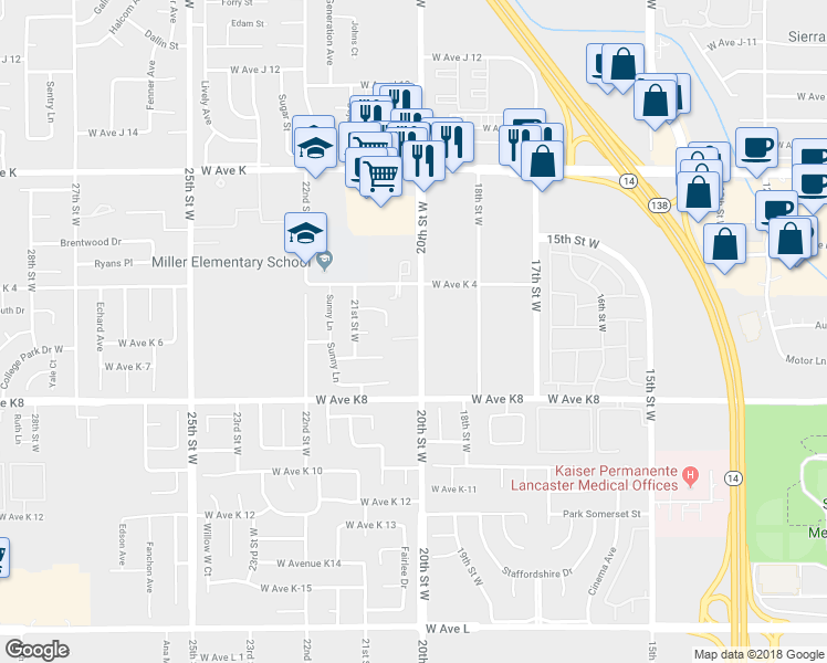 map of restaurants, bars, coffee shops, grocery stores, and more near 43262 20th Street West in Lancaster
