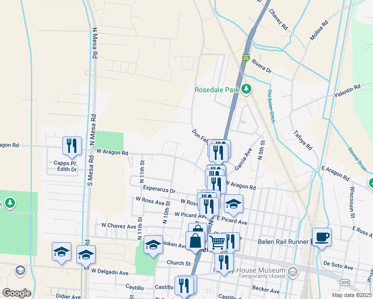 map of restaurants, bars, coffee shops, grocery stores, and more near 912 Molina Place in Belen
