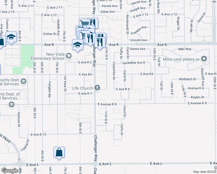 map of restaurants, bars, coffee shops, grocery stores, and more near 43306 11th Street East in Lancaster