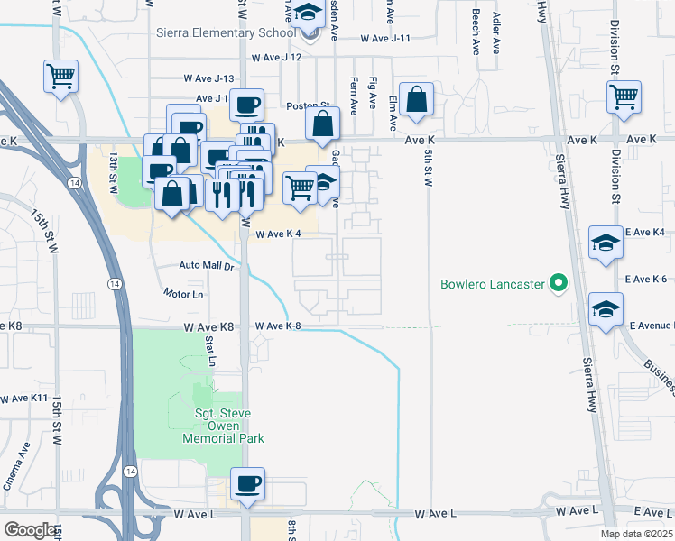 map of restaurants, bars, coffee shops, grocery stores, and more near 43315 Gadsden Avenue in Lancaster
