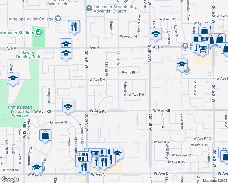 map of restaurants, bars, coffee shops, grocery stores, and more near 43320 Yale Court in Lancaster