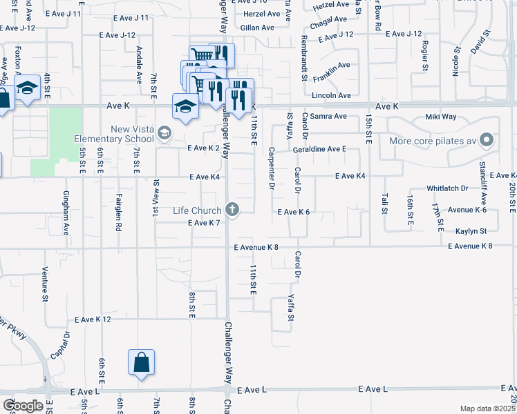 map of restaurants, bars, coffee shops, grocery stores, and more near 43306 11th Street East in Lancaster