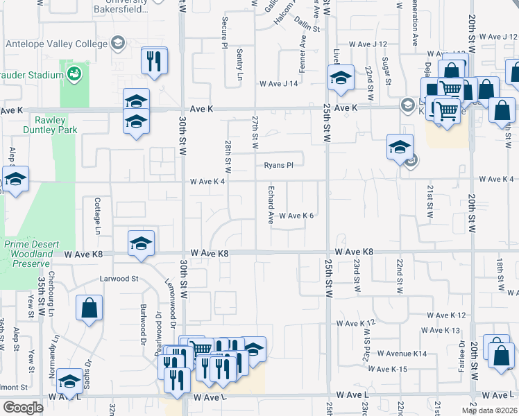 map of restaurants, bars, coffee shops, grocery stores, and more near 43314 27th Street West in Lancaster