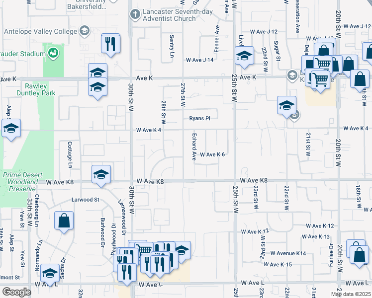 map of restaurants, bars, coffee shops, grocery stores, and more near 43314 27th Street West in Lancaster