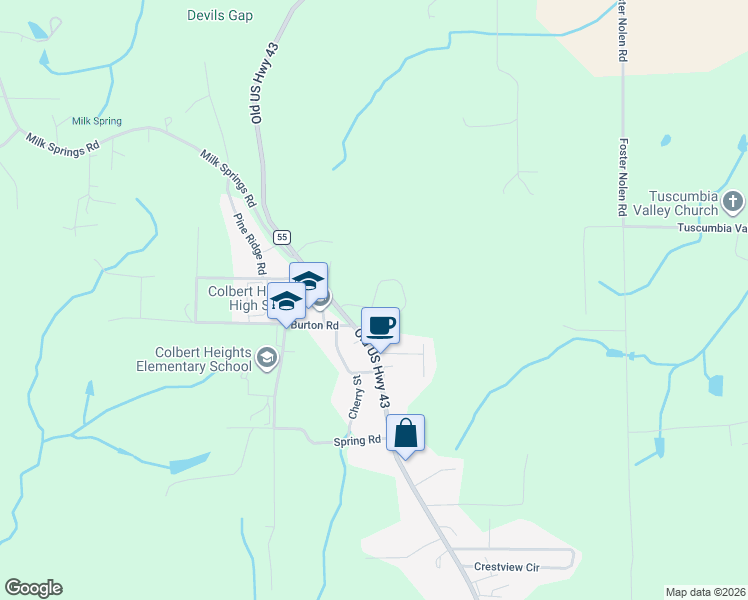 map of restaurants, bars, coffee shops, grocery stores, and more near 1000 Cut Stone Road in Tuscumbia