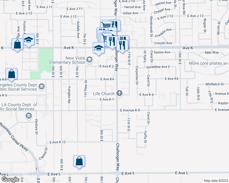 map of restaurants, bars, coffee shops, grocery stores, and more near 43318 Denmore Avenue in Lancaster