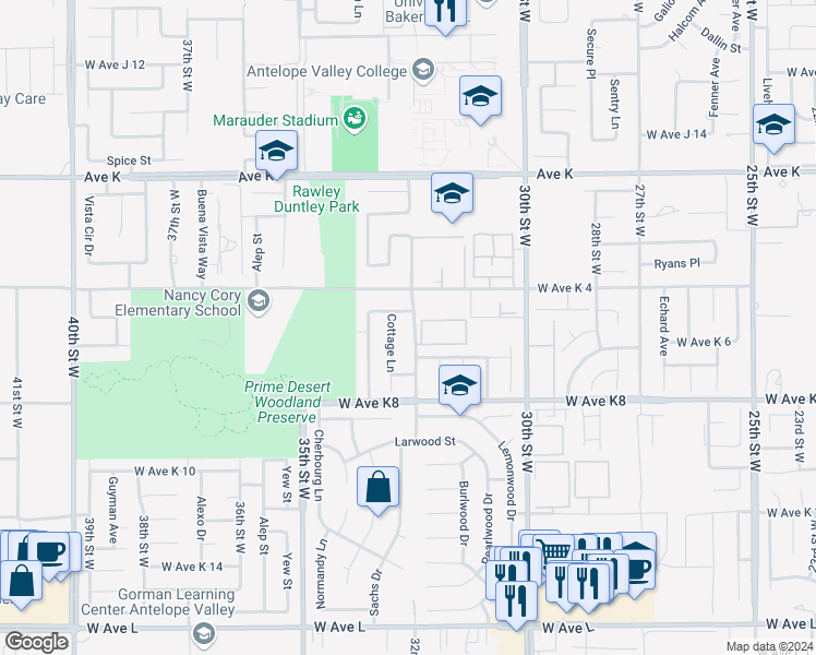 map of restaurants, bars, coffee shops, grocery stores, and more near 43321 32nd Street West in Lancaster