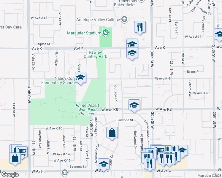 map of restaurants, bars, coffee shops, grocery stores, and more near 43320 33rd Street West in Lancaster