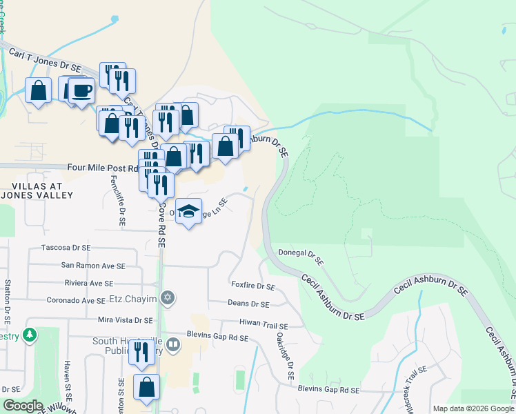 map of restaurants, bars, coffee shops, grocery stores, and more near 7603 Foxfire Drive Southeast in Huntsville
