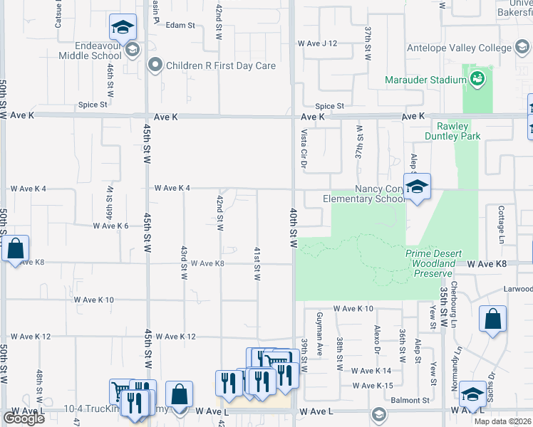 map of restaurants, bars, coffee shops, grocery stores, and more near 43320 41st Street West in Lancaster