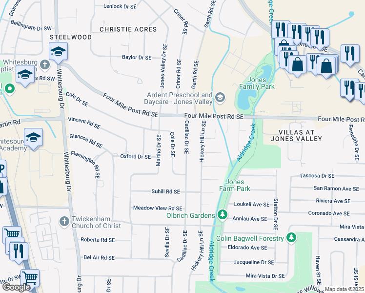 map of restaurants, bars, coffee shops, grocery stores, and more near 7316 Cadillac Drive Southeast in Huntsville