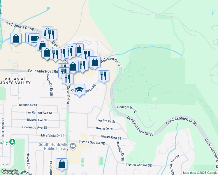 map of restaurants, bars, coffee shops, grocery stores, and more near 7603 Foxfire Drive Southeast in Huntsville