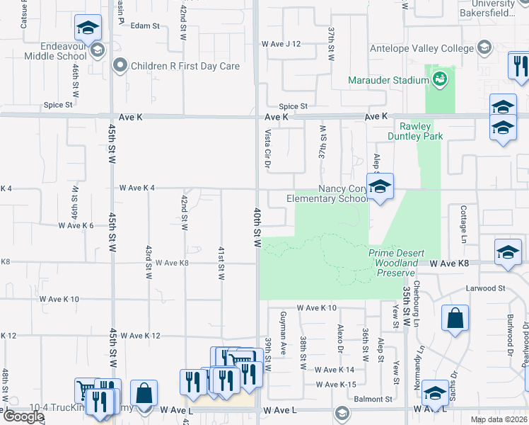map of restaurants, bars, coffee shops, grocery stores, and more near 3850 Pelona Vista Drive in Lancaster