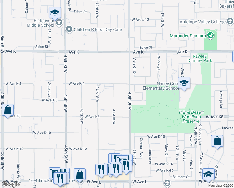 map of restaurants, bars, coffee shops, grocery stores, and more near 43320 41st Street West in Lancaster