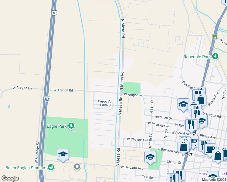 map of restaurants, bars, coffee shops, grocery stores, and more near 1603 West Aragon Road in Belen
