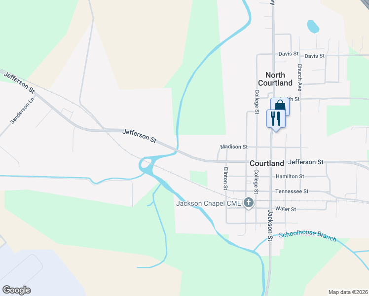 map of restaurants, bars, coffee shops, grocery stores, and more near 2220 Jefferson Street in Courtland