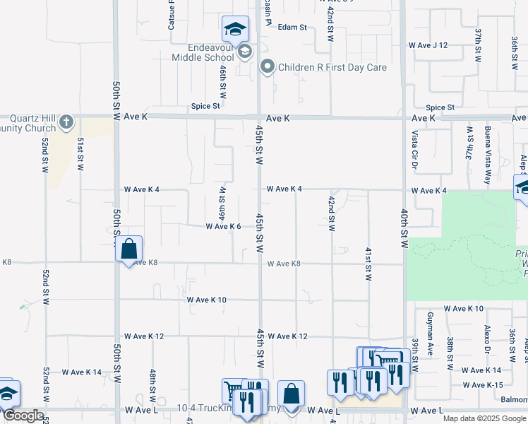 map of restaurants, bars, coffee shops, grocery stores, and more near 43324 45th Street West in Lancaster
