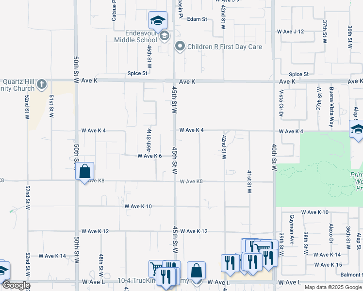 map of restaurants, bars, coffee shops, grocery stores, and more near 43324 45th Street West in Lancaster