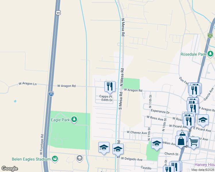 map of restaurants, bars, coffee shops, grocery stores, and more near 1619 West Aragon Road in Belen
