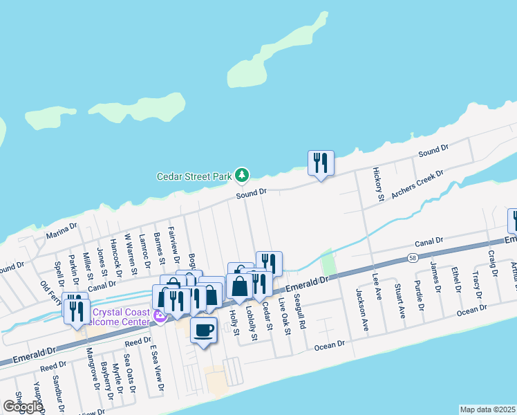 map of restaurants, bars, coffee shops, grocery stores, and more near 327 Live Oak Street in Emerald Isle