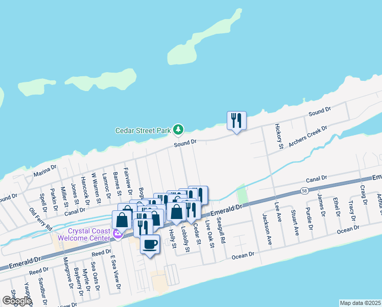 map of restaurants, bars, coffee shops, grocery stores, and more near 327 Live Oak Street in Emerald Isle