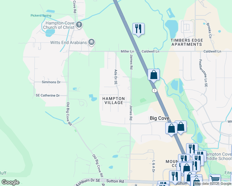 map of restaurants, bars, coffee shops, grocery stores, and more near 134 Ada Drive Southeast in Owens Cross Roads