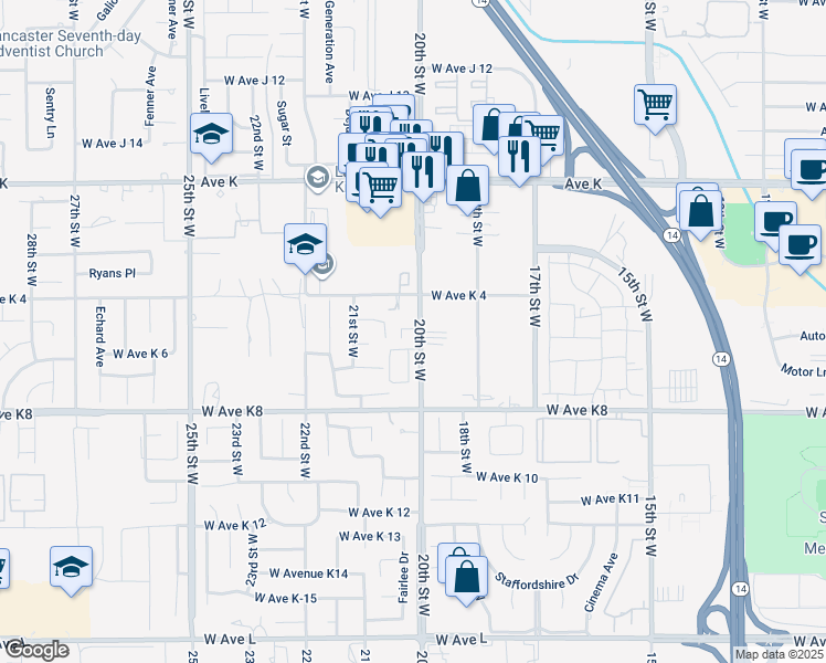 map of restaurants, bars, coffee shops, grocery stores, and more near 43319 20th Street West in Lancaster