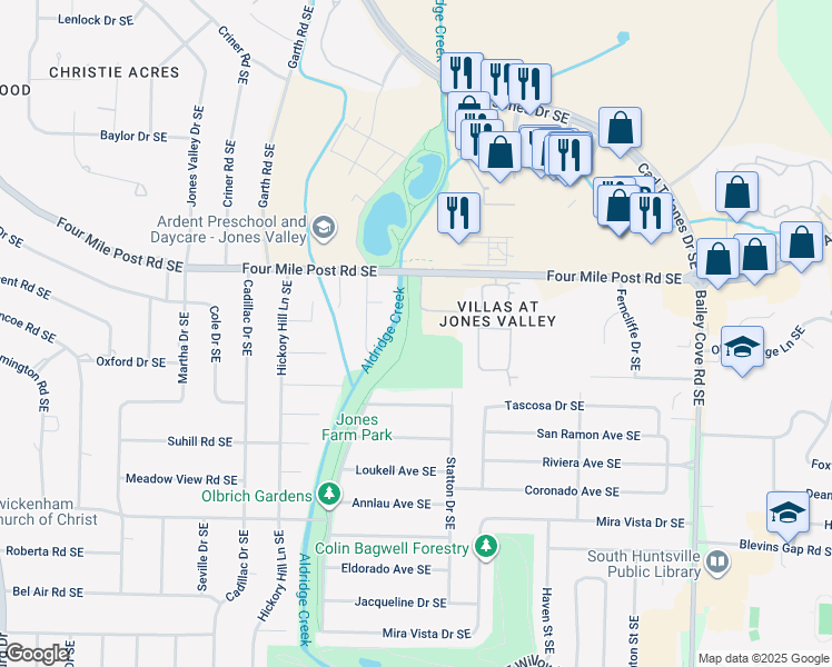 map of restaurants, bars, coffee shops, grocery stores, and more near in Huntsville