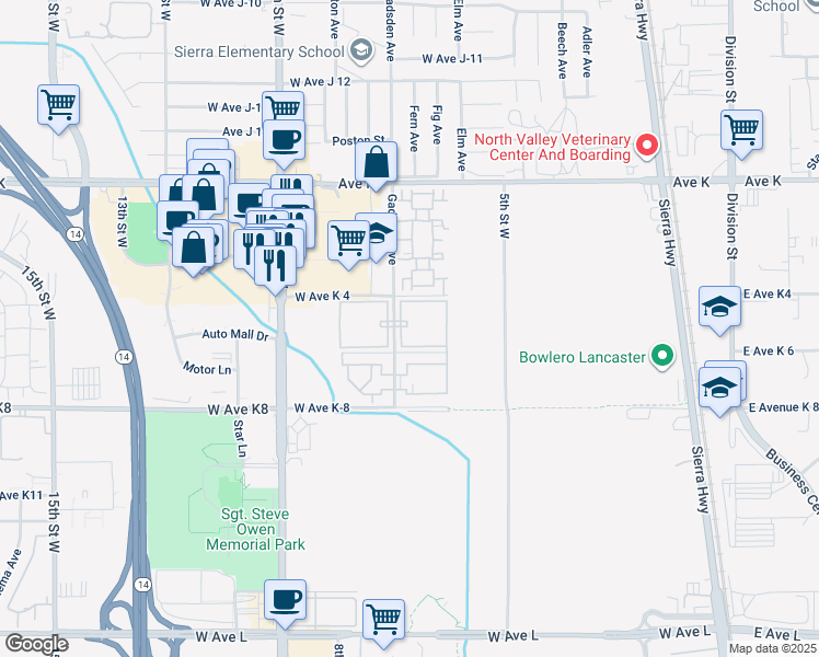 map of restaurants, bars, coffee shops, grocery stores, and more near 43230 Gadsden Avenue in Lancaster