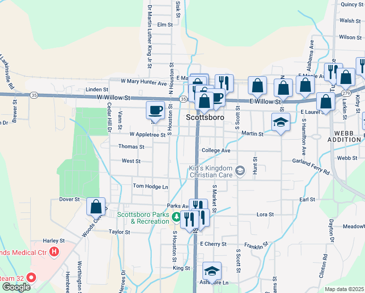 map of restaurants, bars, coffee shops, grocery stores, and more near 506 South Broad Street in Scottsboro