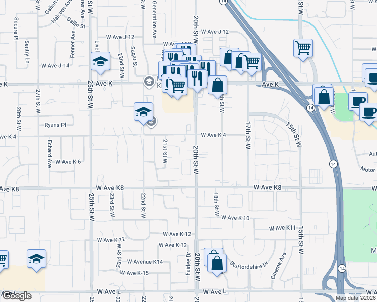 map of restaurants, bars, coffee shops, grocery stores, and more near 2041 Avenue K-7 in Lancaster