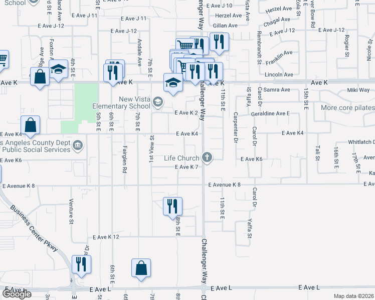 map of restaurants, bars, coffee shops, grocery stores, and more near 43309 Denmore Avenue in Lancaster