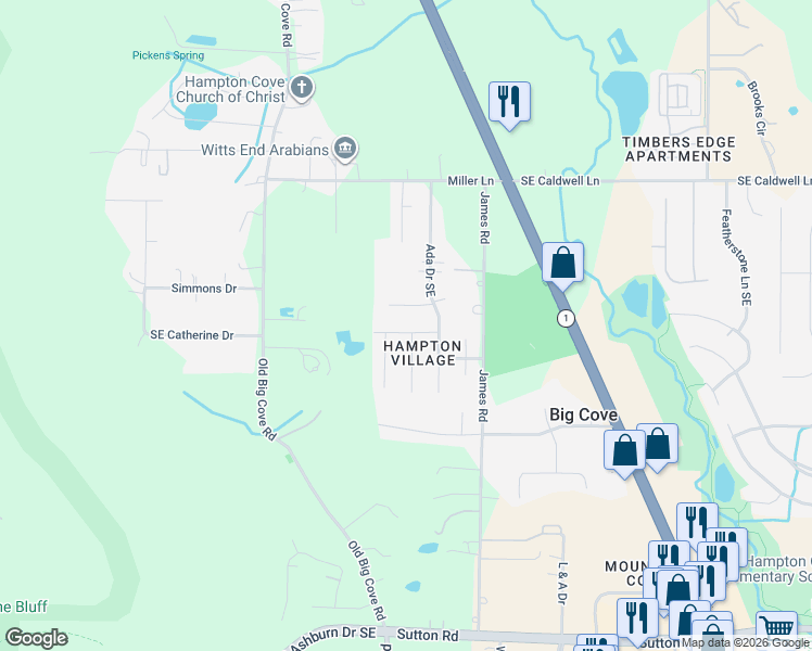 map of restaurants, bars, coffee shops, grocery stores, and more near 3004 Hampstead Drive Southeast in Owens Cross Roads