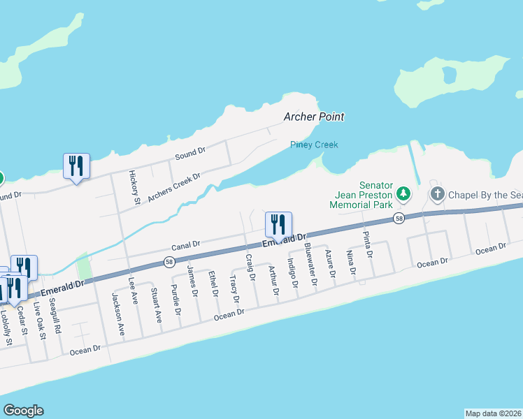 map of restaurants, bars, coffee shops, grocery stores, and more near 7120 Canal Drive in Emerald Isle