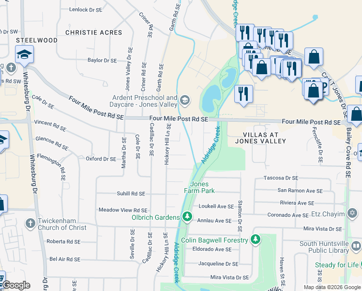 map of restaurants, bars, coffee shops, grocery stores, and more near 802 Petitt Circle Southeast in Huntsville