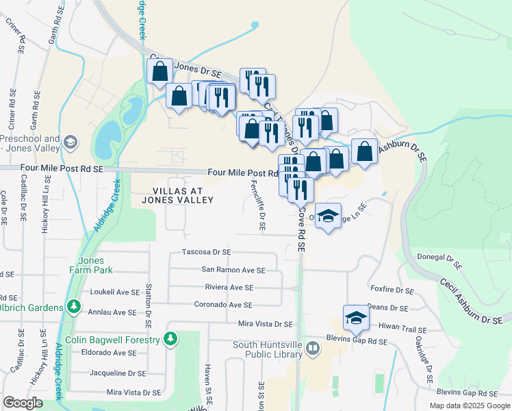 map of restaurants, bars, coffee shops, grocery stores, and more near 999 Gilstead Circle Southeast in Huntsville