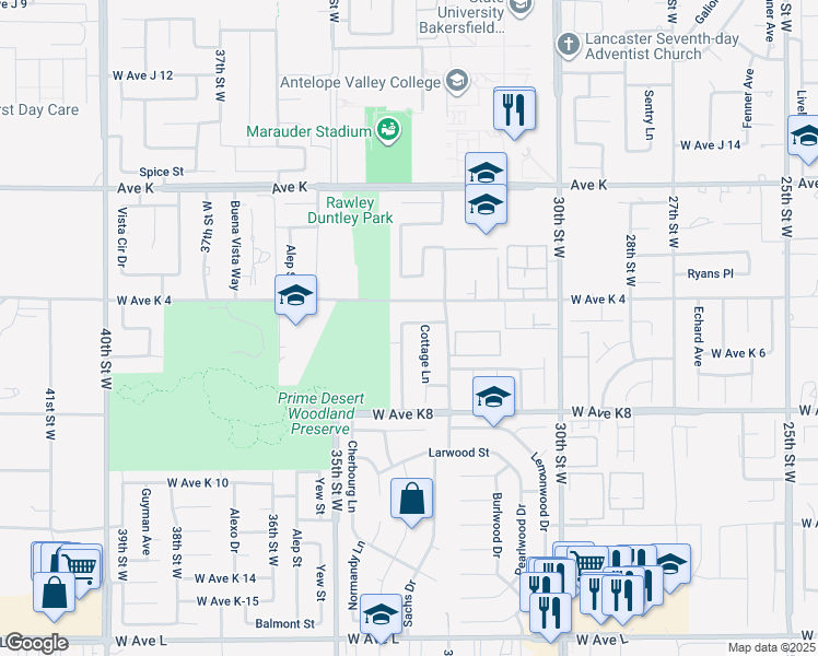 map of restaurants, bars, coffee shops, grocery stores, and more near 43332 33rd Street West in Lancaster