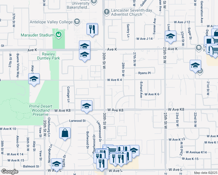 map of restaurants, bars, coffee shops, grocery stores, and more near 2856 Dartmouth Drive in Lancaster